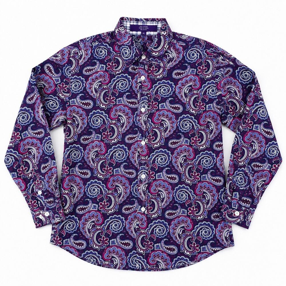 Alan Flusser Men XL Jewel Tone Paisley Print Button Up Front Cotton Long Sleeve